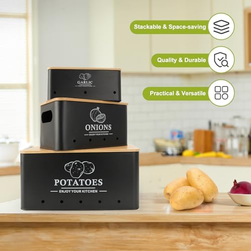 Kitchen Vegetable Storage Set of 3, Metal Onion Garlic Potato Storage Set, Kitchen Canisters Vegetable Keeper Containers