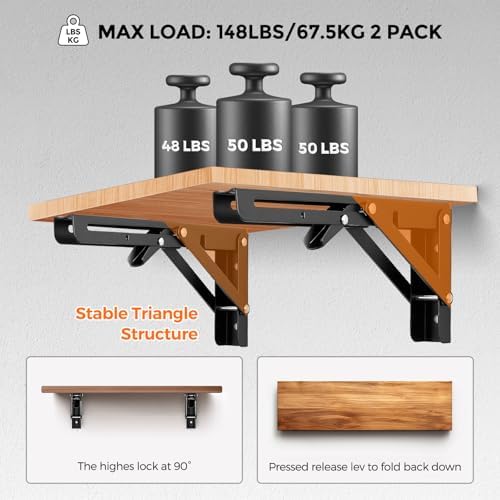 JOY DECOR Matte Black Folding Shelf Brackets, 10 Inch, 4 Pack