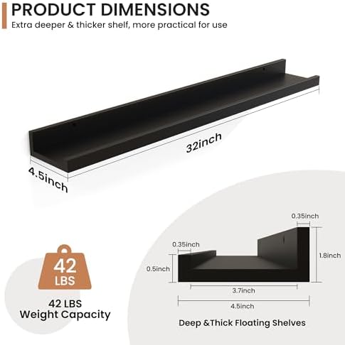 Fun Memories Picture Ledge Shelf, 32 Inch Floating Shelves Set of 2, Nursery Book Shelves for Kids, Wall Mounted Bookshe