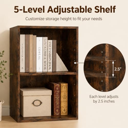 POWERSTONE 2 Tier Bookshelf, Cube Open Bookcase, 2PCS Rustic Brown