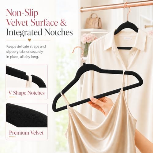 Smartor Black Velvet Hangers 50 Pack, Non Slip Rose Gold Hook Felt Hangers
