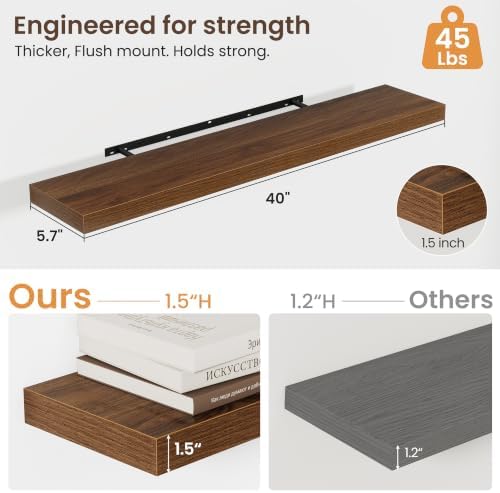 40 Inch Floating Shelves for Wall 2 Pack, Wood Wall Bathroom Shelves