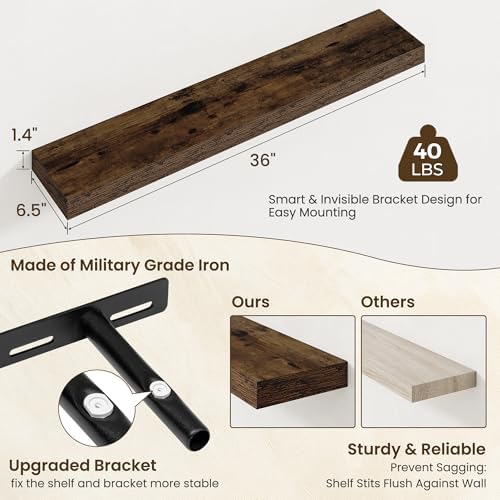 Axeman 36Inch Floating Shelves for Wall, 2 Packs, Invisible Brackets, Brown