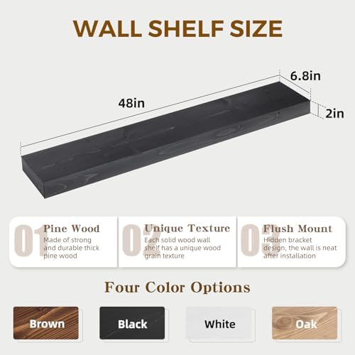 Floating Shelves, 48 Inch Wall Mounted Shelves, Set of 2, Black