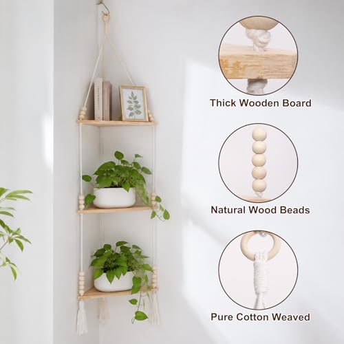 Artilady Macrame Corner Shelf Wall Hanging 3-Tier Adjust Boho Storage Decor