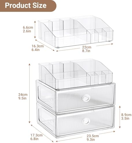 3 Tier Clear Makeup Organizer with Drawer, PET Cosmetic Storage for Dresser, Countertop & Bathroom Vanity, Holders for L