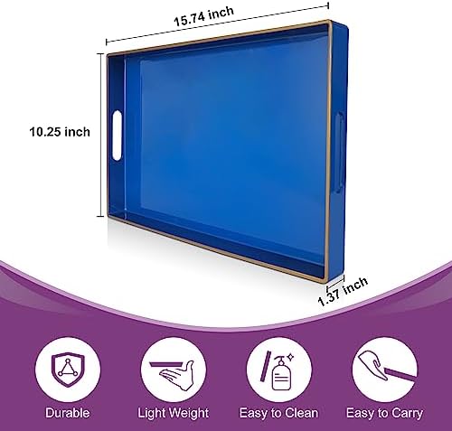 Gifturbo Blue Serving Tray,Decorative Serving Trays with Handles, Coffee Table Tray Ottoman Rectangular Plastic Tray for
