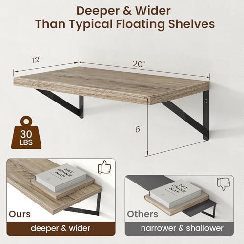 Axeman Deep Floating Shelves - 20 Inch Floating Shelves Set of 2-12 Inch Deep Grey Wall Shelves for Living Room Bathroom