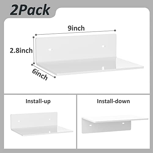 Sezanrpt 9 Inches Acrylic Wall Shelves 2 Pack, Floating Shelf for Wall Mounting, Acrylic Display Ledges for Funko Pop Figures, Home Décor, Living Room, Gaming Room, Plants(9 inch, White)