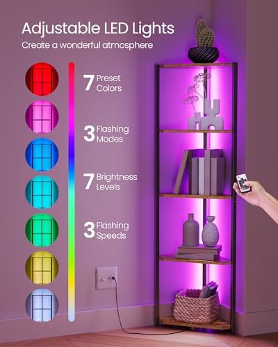 VASAGLE Corner Shelf with LED Lights, 5-Tier Freestanding Bookshelf