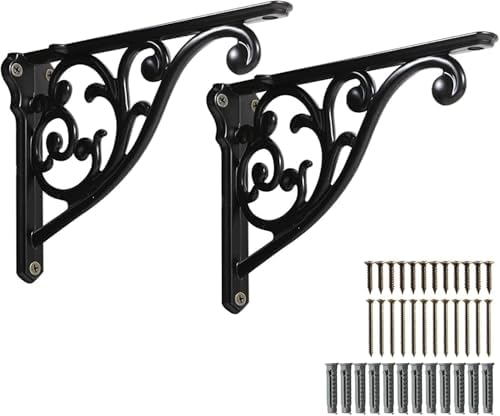 Khtumeware 2 Pack Matte Black Shelf Bracket 10 Inch, Decorative Brackets for Shelving, Heavy Duty Vintage Ornate Shelf B