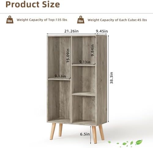 LEYAOYAO 5 Cube Bookshelf, Mid-Century Modern Book Shelf with Legs, Grey