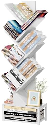 EasyCom Tree Bookshelf Metal Base, 7 Tier Bookcase Storage, Floor Standing Bookshelf Organizer for CDs/Books, Bookshelve