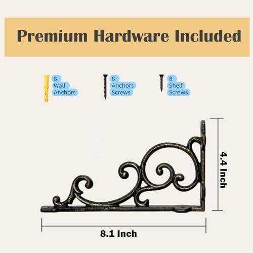 Heavy Duty 8.1"x4.4" Vintage Brackets for Floating Shelves & Kitchen Storage, 8 inch Cast Iron Shelf Brackets - Industri