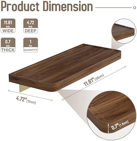 Danpoo 12 inch Floating Walnut wall Shelf, Small Wood Shelf for wall, Waterproof Wooden Shelf for Bathroom