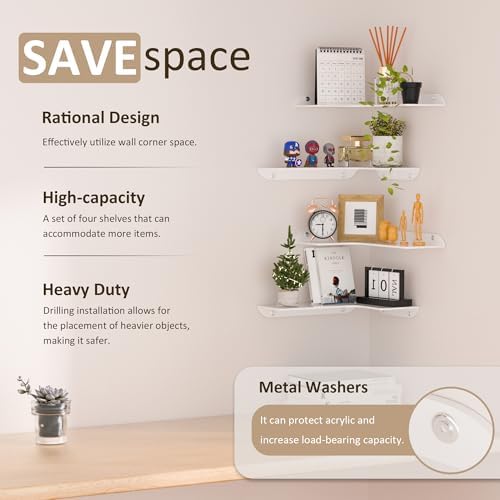 Sezanrpt 8x11.8 Inch Corner Shelf Wall Mount Set of 4, White Acrylic Corner Floating Shelves, Wall Organizer Shelf for B