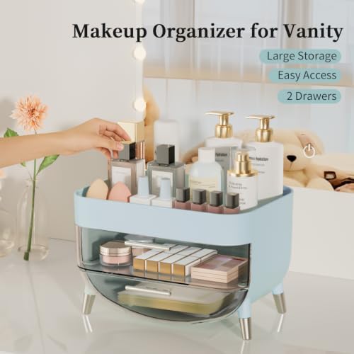 Jywantful Vanity Makeup Organizer, Mint Blue Skincare Storage with 2 Drawer