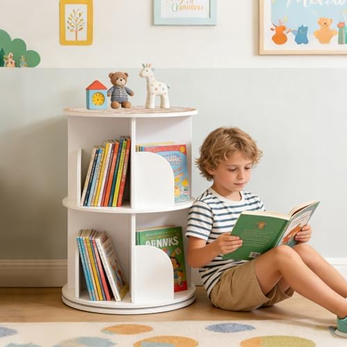 2 Tier Rotating Bookshelf Tower, Revolving 360 Book Shelf Narrow Tall Bookcase, Revolving Bookcase,Stackable Round Books