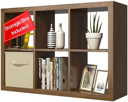 furtble Bookshelf with Storage Bin, 6-Cube Storage Organizer, Modern Wood Open Bookcase, Multifunctional Display Shelf f