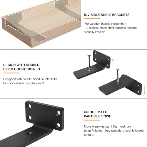 HITOMEN Heavy Duty Floating Shelf Brackets, 4-Inch (1/5'' Thick) Hidden Shelves Hardware, Iron L Brackets, Rustic Indust