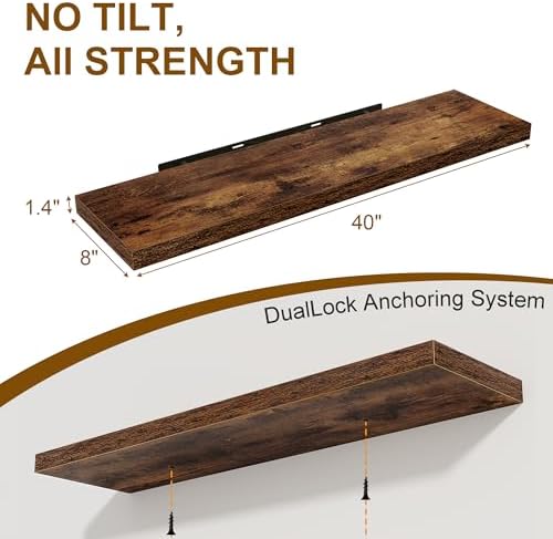40 Inch Floating Shelves Set of 2, 8 Inch Deep Wall Shelf, Rustic Wood Storage Shelves for Bedroom, Kitchen, Bathroom, W