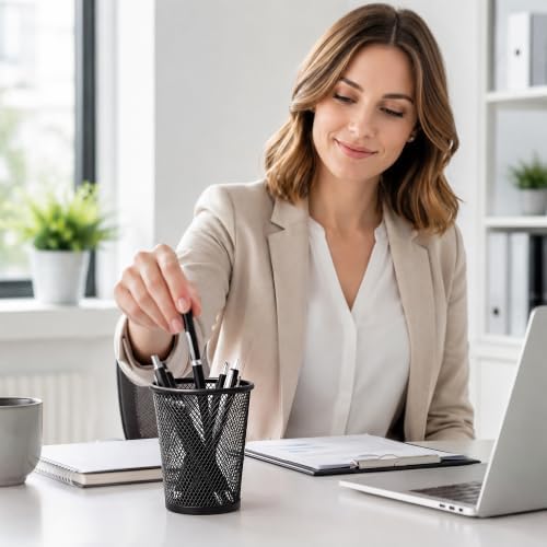 QYH Mesh Pencil Holder for Desk 6 Pack, Metal Pen Cup Black