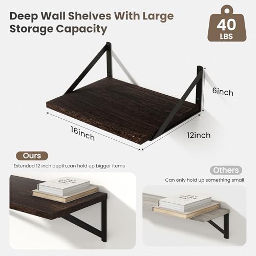 Marsmiles Deep Floating Shelves, 16'' x 12'' Dark Wood Shelves Set of 2
