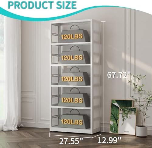 SteeLoong 5 Tier Bookcase, 68" H Metal Bookshelf with 4 Adjustable Shelves