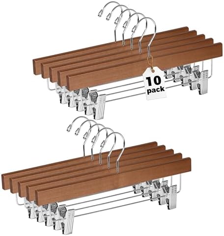Quality Hangers Wooden Pants Hangers - 10-Pack Swivel Hook Cloth Hanger Set - Lotus Wood Skirt, Pant, Shorts and Slack Hangers with Adjustable Clip (Walnut - Chrome Hook, 10)