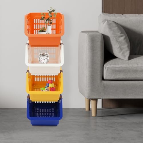 4 Pcs Stackable Storage Baskets, Compact Rolling Storage Baskets Set, Small Stackable Organizer Bins for Kitchen Bedroom