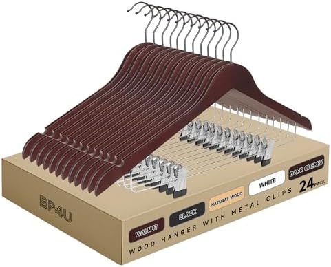 Wooden Hangers with Adjustable Metal Clips, 24-Pack, Dark Cherry