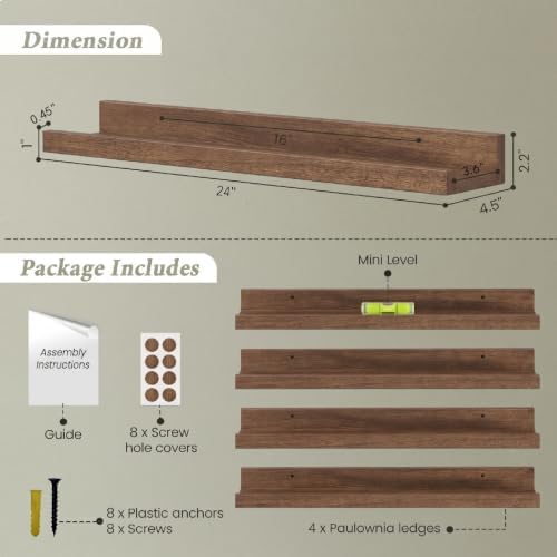 Walnut Brown 24 in Floating Shelves with Lip, Picture Ledge Shelf for Wall