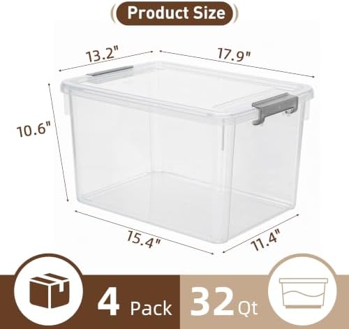 Citylife 4-Pack 32 QT Clear Plastic Storage Bins with Latching Lids