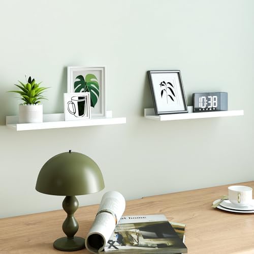 White Floating Shelves for Wall Decor, 16 in Shelf with Lip Set of 2