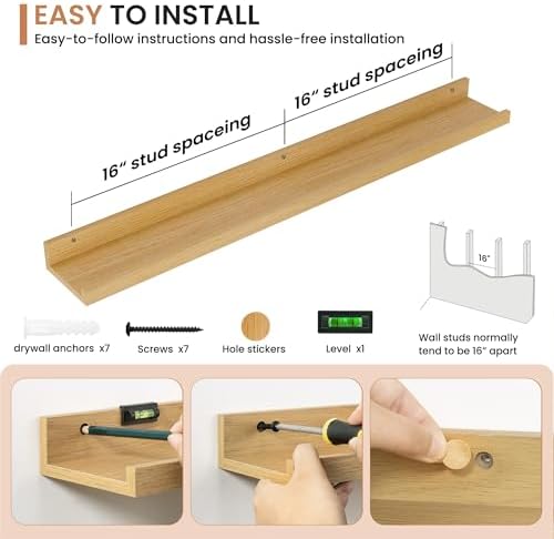 Dreamland Picture Ledge Shelf for Wall, Floating Shelves Set of 2, 36 Inch Long Floating Shelves with Lip for Living Room, Bedroom, Bathroom, Kitchen, Oak