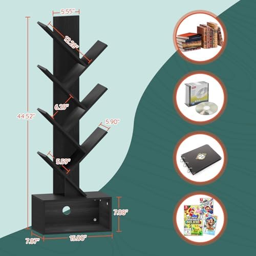 Yoobure Tree Bookshelf, 6 Tier Small Book Shelf Retro Floor Standing Bookcase, Wood Book Storage Organizer Rack, Tall Na