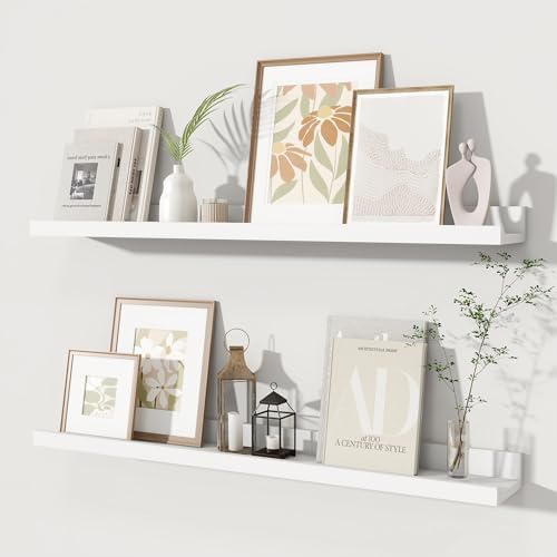Fun Memories Picture Ledge Shelves Set of 2, 32 Inch Rustic Wall Mounted Floating Shelves with Lip for Home Storage and 