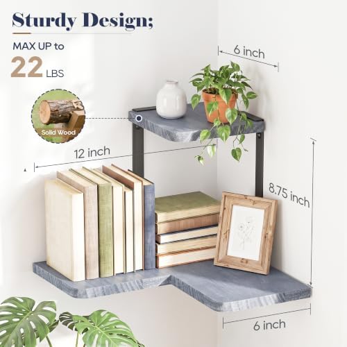 SRIWATANA 2-Tier Corner Wall Shelf,Rustic Wood Display Shelf Weathered Grey