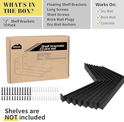 WEKIS Shelf Brackets 12 Inch, Strong Heavy Duty Floating Shelf Brackets Pack of 10, Industrial Metal Iron Matte Black Sh