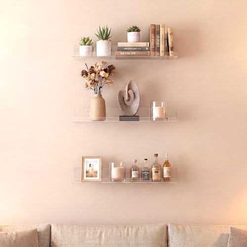 RLAVBL 8 Pack Acrylic Shelves, 15" Floating Wall Shelves for Bedroom, Living Room, Bathroom, Kitchen Storage