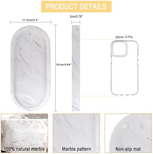 Natural Marble Vanity Tray Waterproof Italy Stone Bathroom Organizer for Perfume, Candles & Jewelry Non-Slip Oval Storag