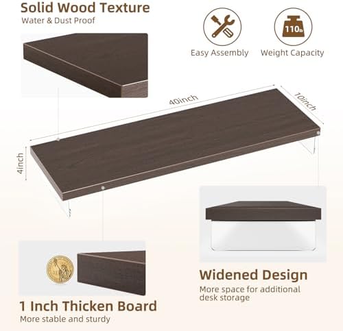 Dual Monitor Stand Riser, 40x10 in Wood & Acrylic Desktop Organizer Shelf