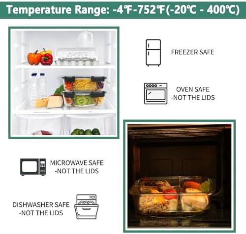 8 Pack 36oz Borosilicate Glass Meal Prep Containers 3 Compartment with Lids