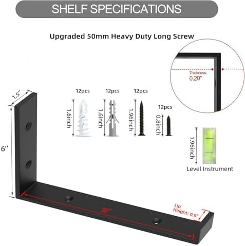 WEKIS Shelf Bracket, Heavy Duty Floating Shelf Brackets 10-Inch Long, 6-Pack Brackets for Shelves, Black Coated J Shape 