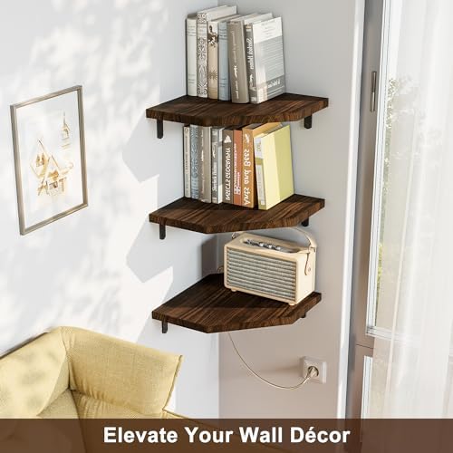 Alsonerbay Pine Wood Corner Shelves with Cord Hole 3-Pack, Carbonized Black