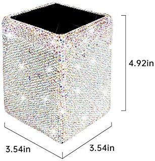 Crystal Pencil Pen Pot Holder Box Bling Rhinestone Pen Organizer Holder Cosmetic Pencil Container Comb Brushes Personalized (Square AB Color)