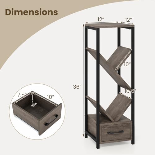 GIANTEX Tree Bookshelf with Drawer, 4-Tier Narrow Bookcase with Metal Frame, Tall Floor Standing Storage Organizer for S