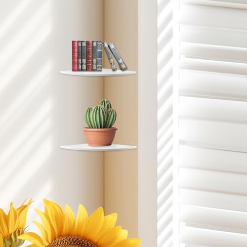 JJL Corner Shelf, 12-Inch Sector Wall Shelf, Set of 2 Wooden Hanging Shelves with Wire Hole for Bedroom Corner Decoratio