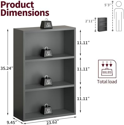 ALISENED 3-Tier Bookshelf, 23.6 × 9.4 × 35.2in, Small Bookshelf