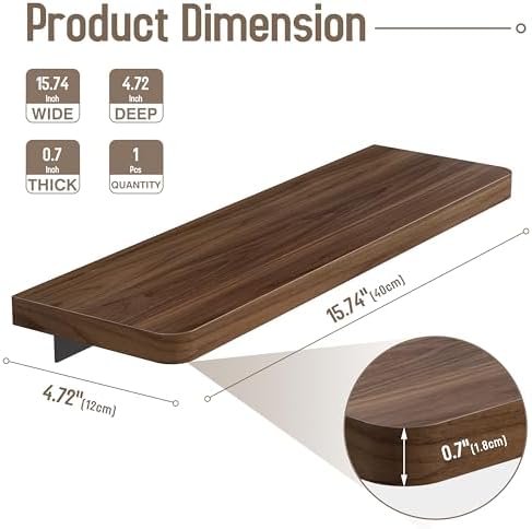 Danpoo 16 inch Solid Walnut Floating Shelf - Large, Heavy Duty Wall Shelf for Kitchen, Living Room, Bathroom, Built to H